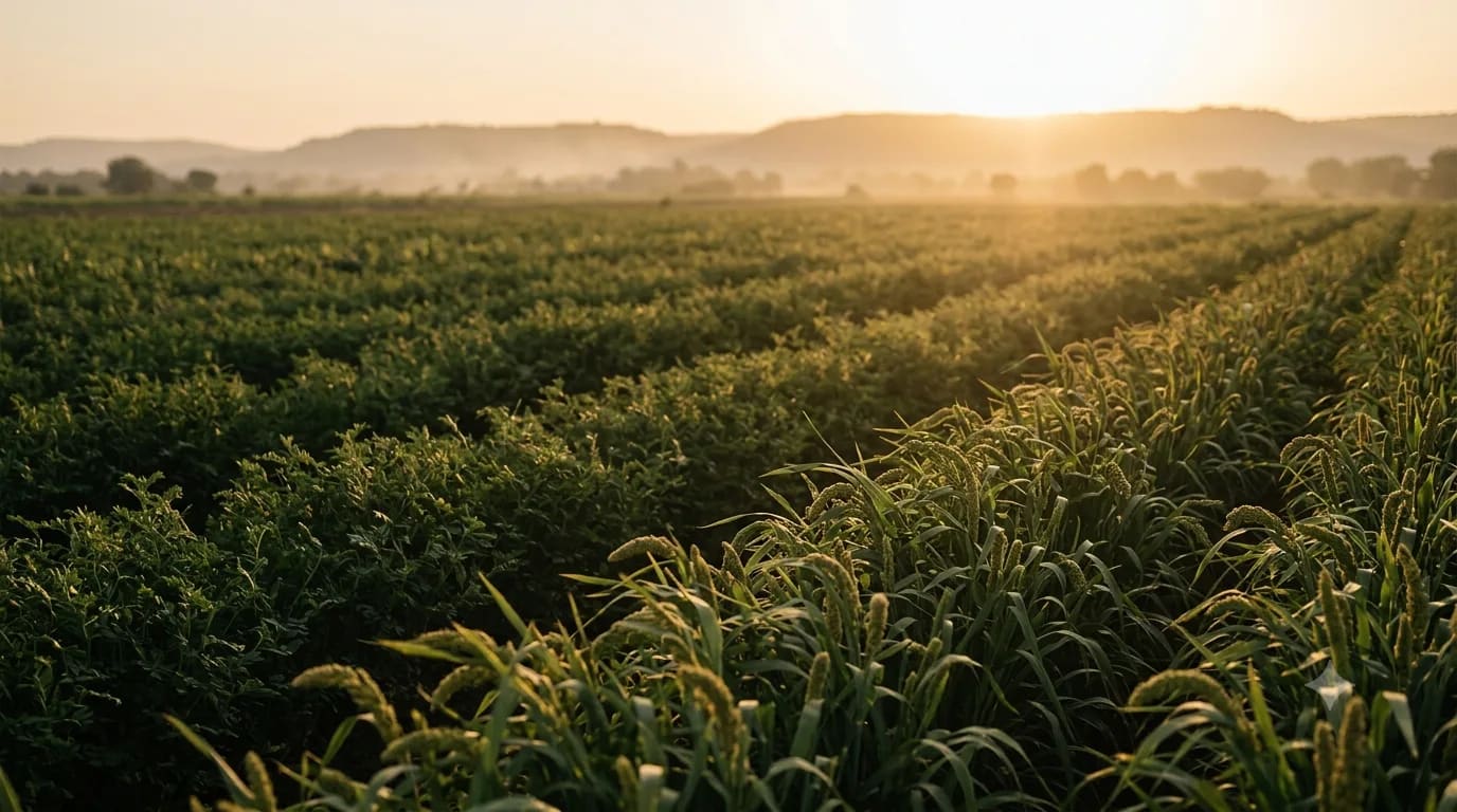 Cultivated farmland at sunrise